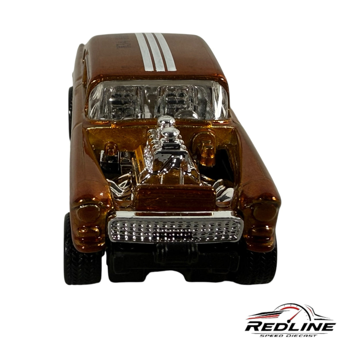 Redline Speed Diecast metallic bronze Chevrolet Gasser model with chrome engine and white racing stripes