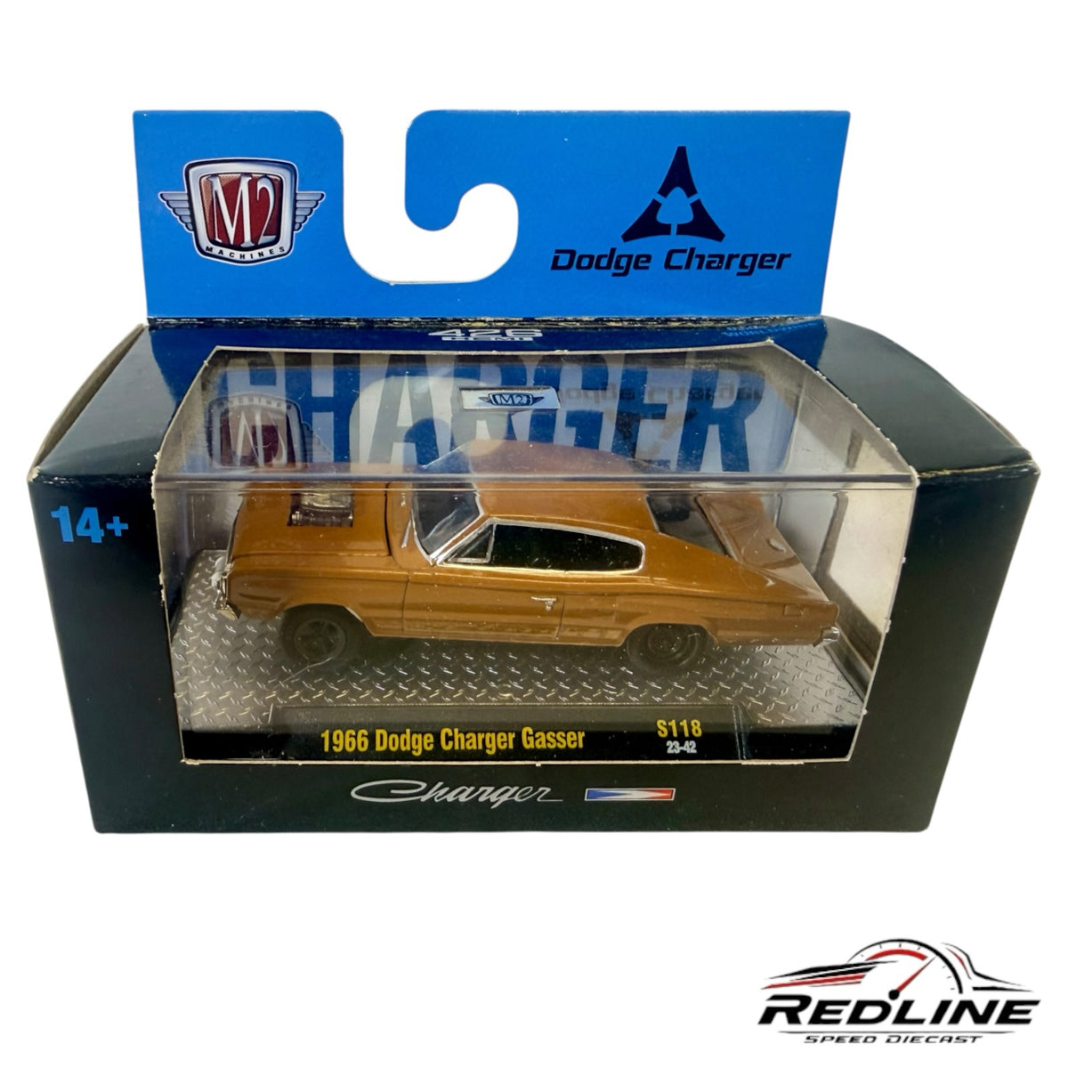 Redline Speed Diecast M2 Machines 1966 Dodge Charger Gasser in bronze, displayed in its original collector box.