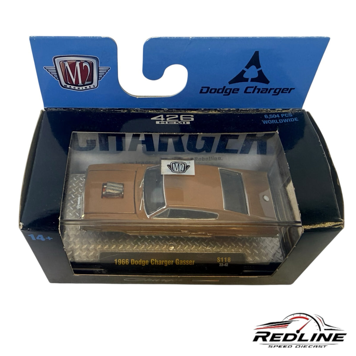 Redline Speed Diecast 1966 Dodge Charger Gasser in bronze, 1:64 scale model with engine blower in display packaging.
