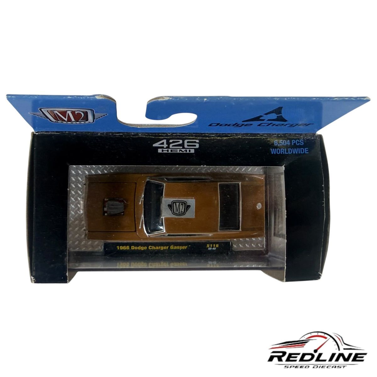 Redline Speed Diecast M2 Machines 1966 Dodge Charger Gasser in bronze, 1:64 scale model in original display packaging.