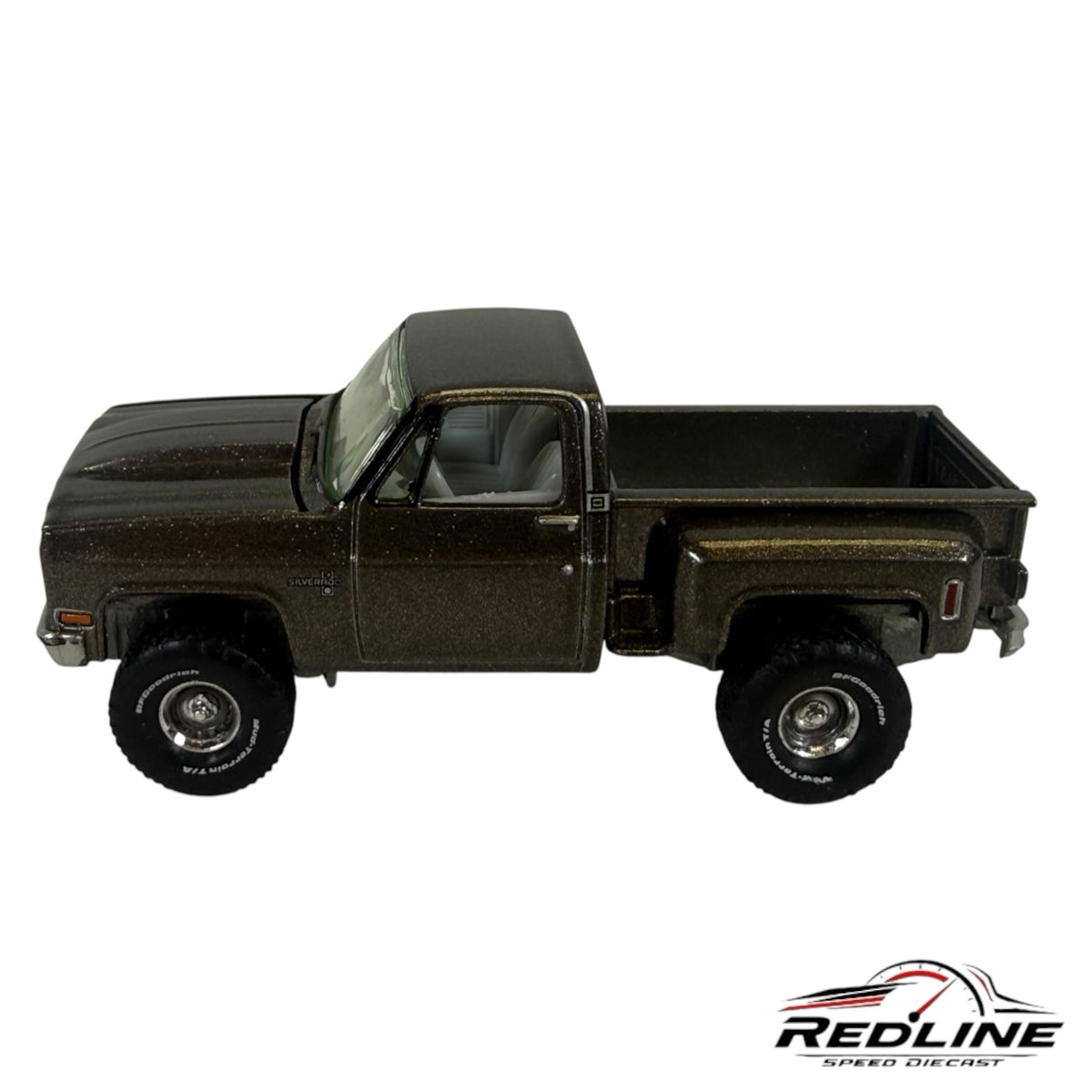 Redline Speed Diecast 1:64 scale metallic brown Chevrolet Silverado stepside pickup truck model with off-road tires.