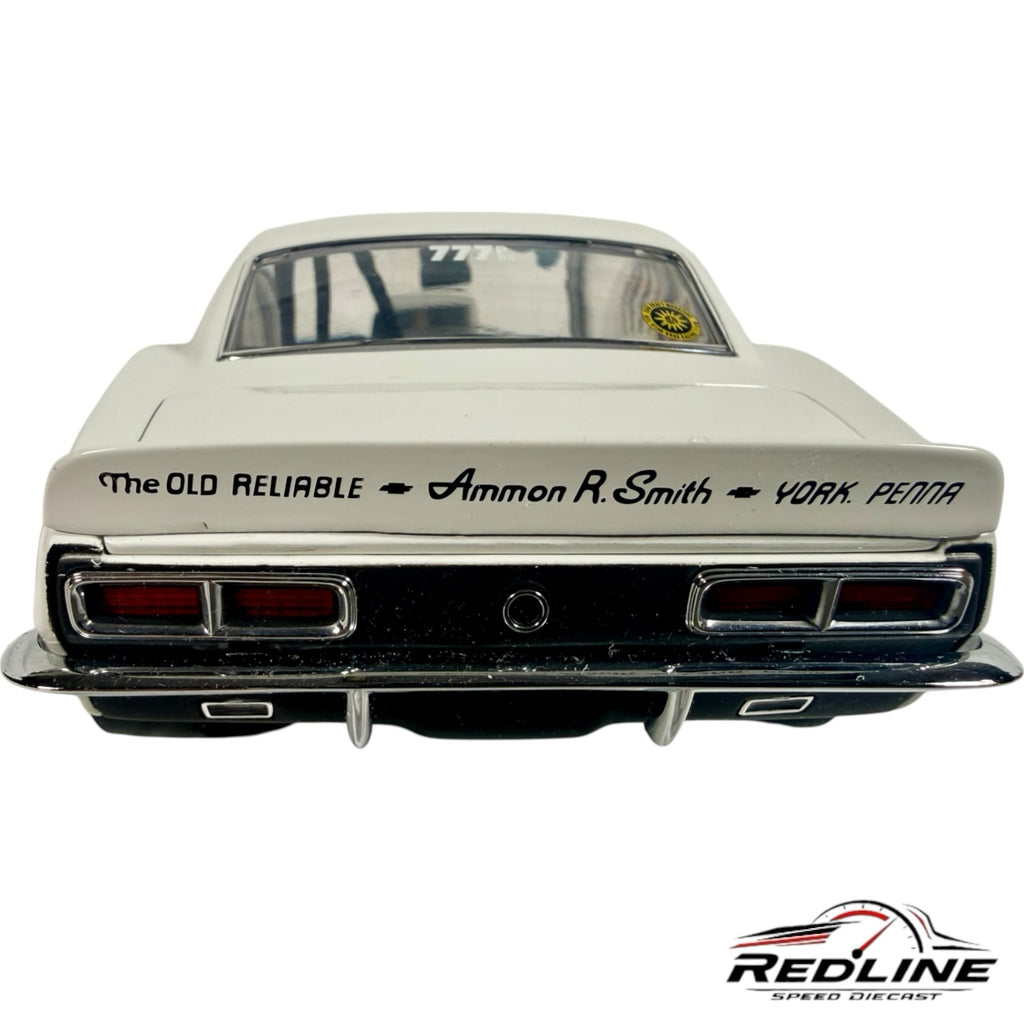 Redline Speed Diecast 1:18 scale white Chevrolet Camaro Grumpy's Toy drag racing model, rear view with sponsor decals.