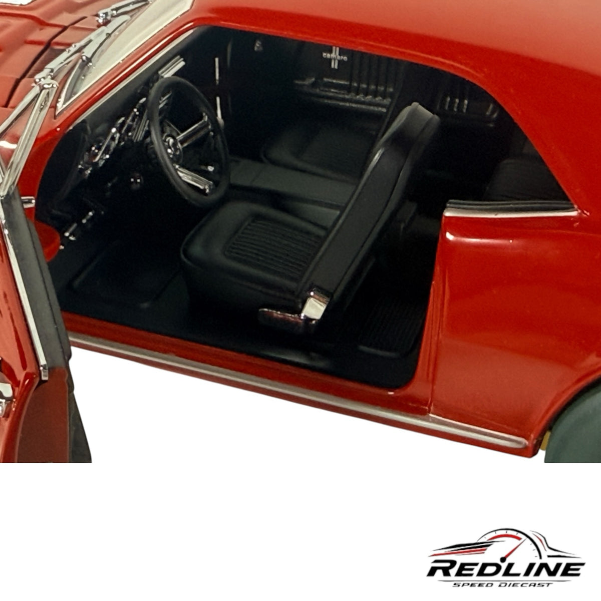 Redline Speed Diecast 1967 Chevrolet Camaro SS 396 model showing the detailed black interior and open driver door