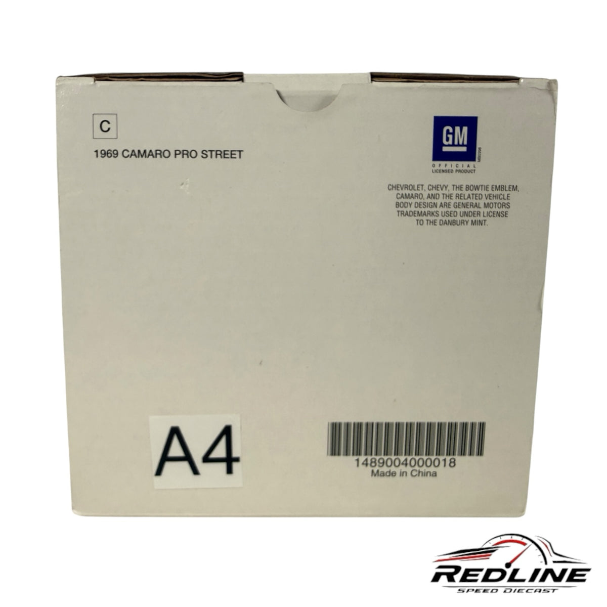 Redline Speed Diecast 1969 Chevrolet Camaro Pro Street model car white cardboard packaging box with GM branding