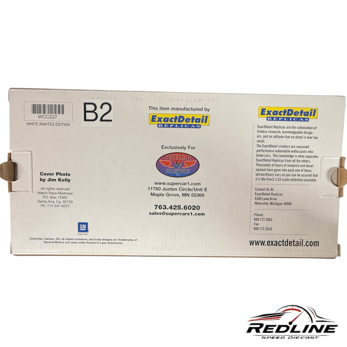 Redline Speed Diecast packaging box for Grumpy's Toy Chevrolet Camaro 1:18 scale model with branding and contact info