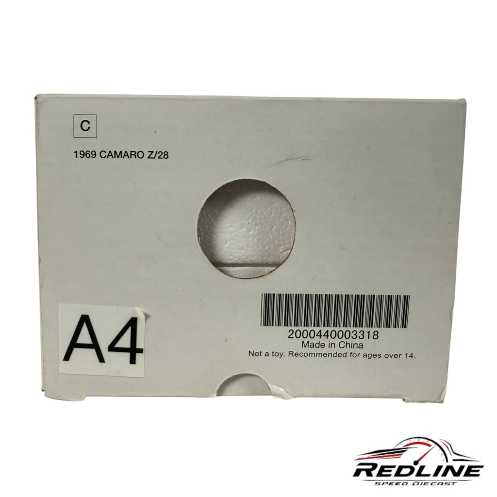 Redline Speed Diecast 1969 Chevrolet Camaro Z/28 collector model white product packaging box with barcode
