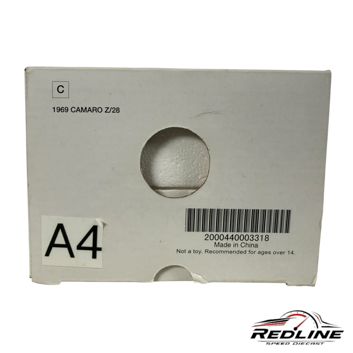 Redline Speed Diecast 1969 Chevrolet Camaro Z/28 collector model white product packaging box with barcode