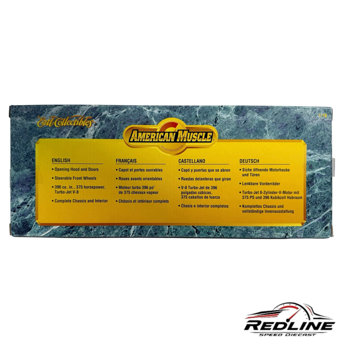 Redline Speed Diecast American Muscle 1969 Camaro model packaging box with multilingual feature list