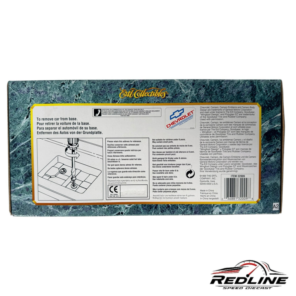 Redline Speed Diecast 1969 Camaro model car packaging box back view with product information and safety warnings