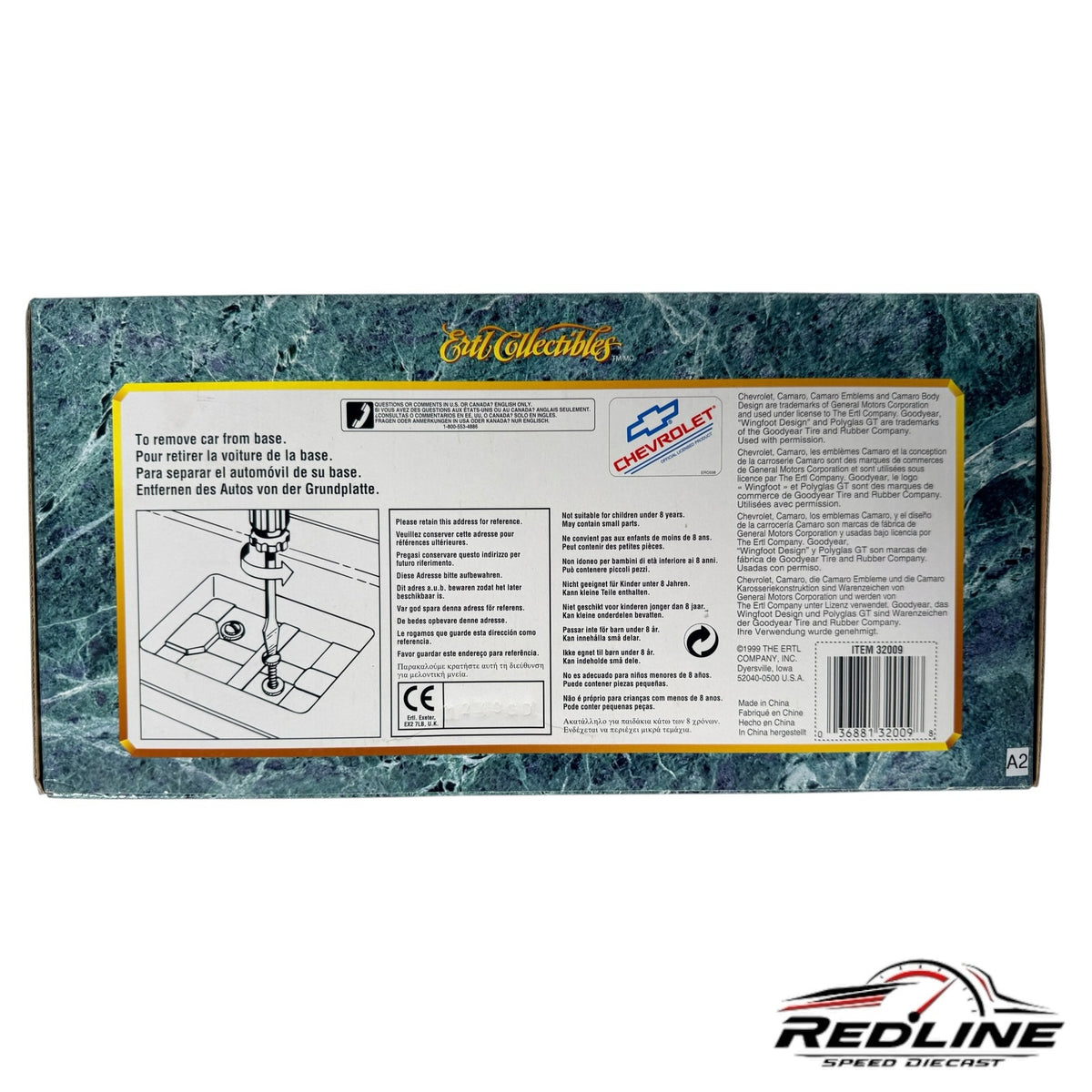 Redline Speed Diecast 1969 Camaro model car packaging box back view with product information and safety warnings