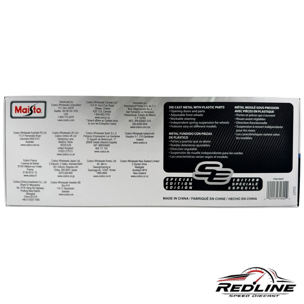Redline Speed Diecast packaging box for Maisto 1968 Chevrolet Camaro Z/28 model featuring product specifications