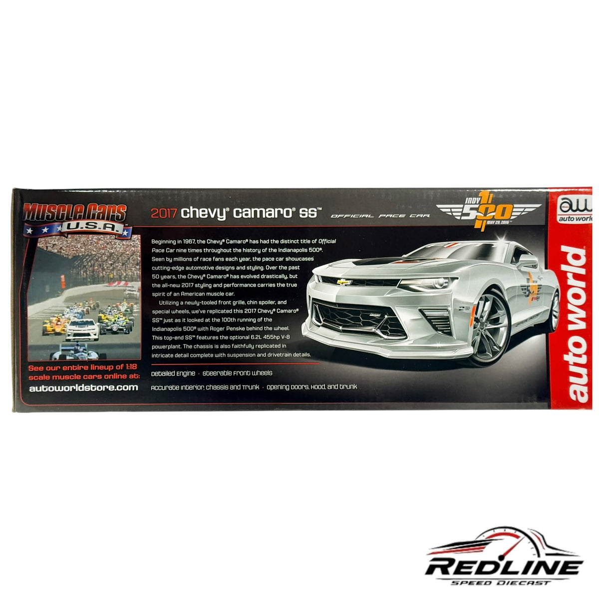 Redline Speed Diecast 2017 Chevrolet Camaro SS Indianapolis 500 pace car model box with racing graphics