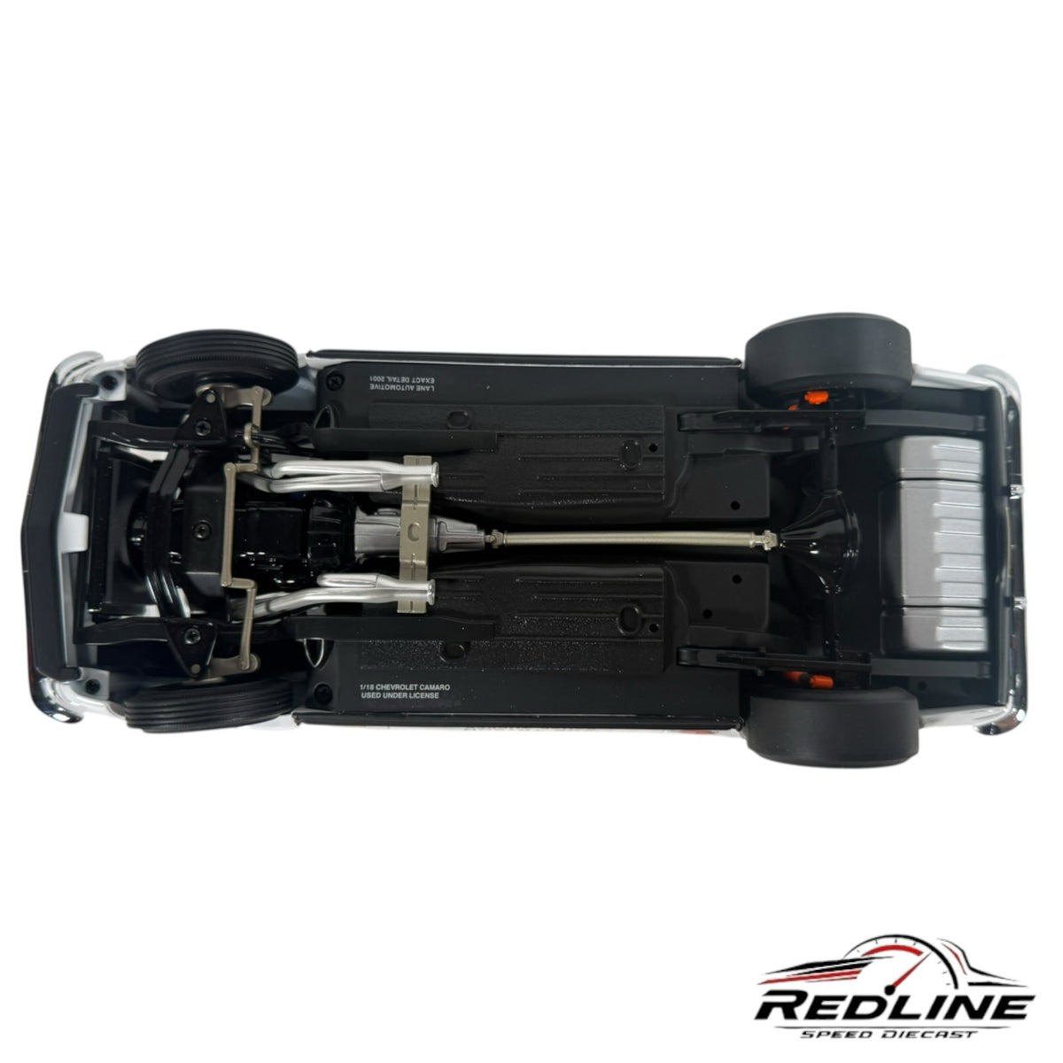 Undercarriage view of Redline Speed Diecast 1:18 scale 1967 Chevrolet Camaro Super Stock model showing drivetrain