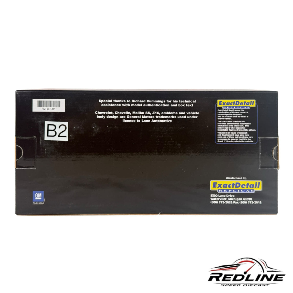 Redline Speed Diecast packaging box for a 1:18 scale Chevrolet Chevelle Malibu SS Z16 model with official GM branding