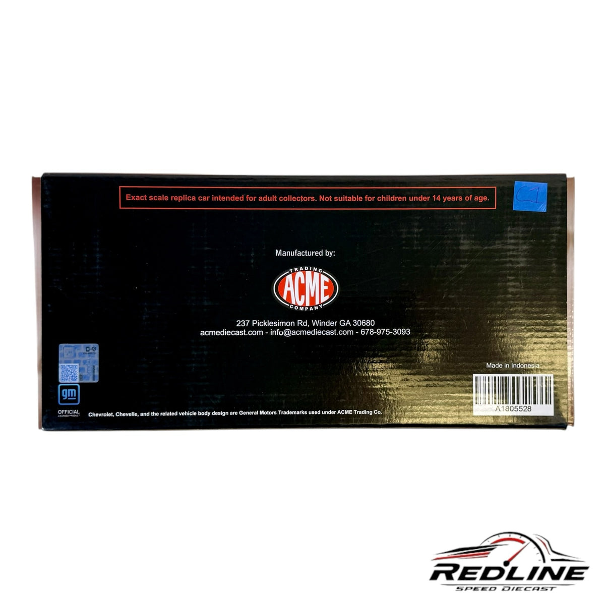Redline Speed Diecast packaging box for a 1970 Chevrolet Chevelle SS model car with manufacturer details and GM logo