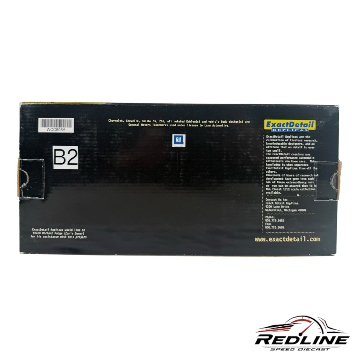 Redline Speed Diecast packaging box for a 1965 Chevrolet Chevelle Z16 model with branding and product information
