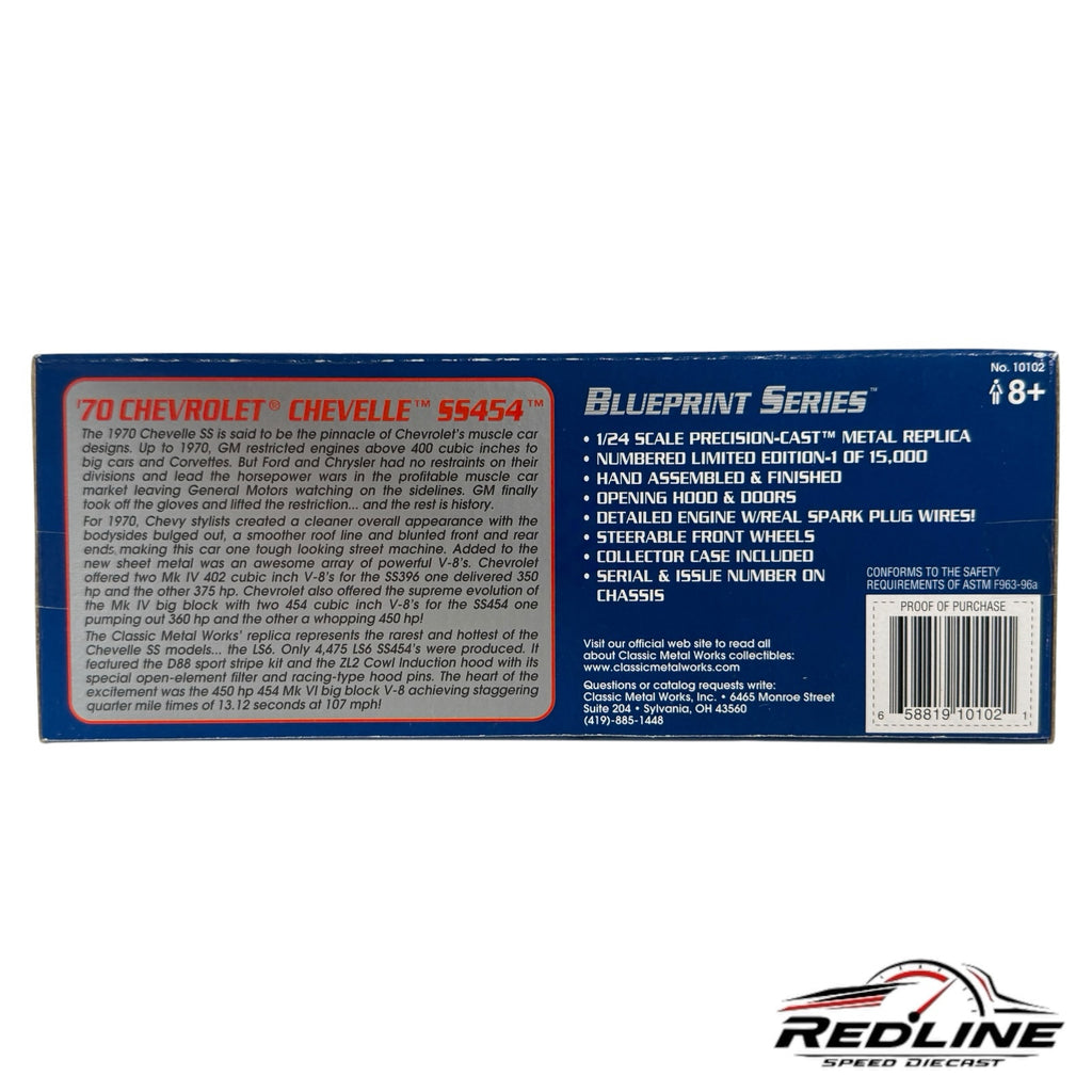 Redline Speed Diecast packaging for 1970 Chevrolet Chevelle SS454 model featuring product specifications and history
