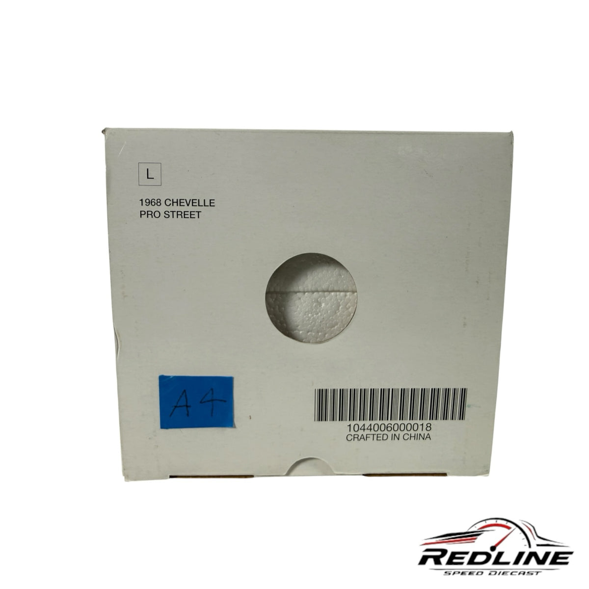 Redline Speed Diecast white cardboard packaging box for a 1968 Chevelle Pro Street model with a circular cutout.