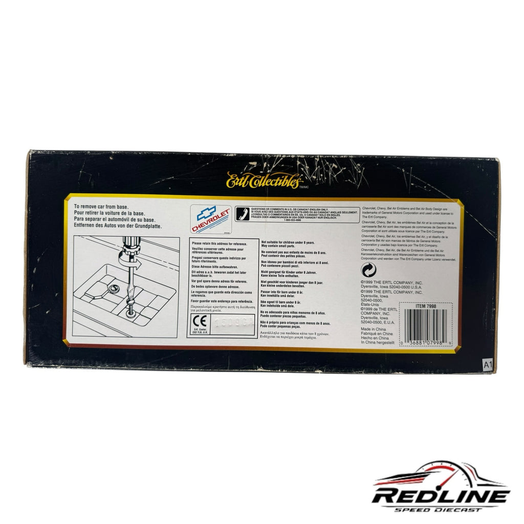 Redline Speed Diecast collector box back for 1957 Chevrolet Bel Air model with safety warnings and product details