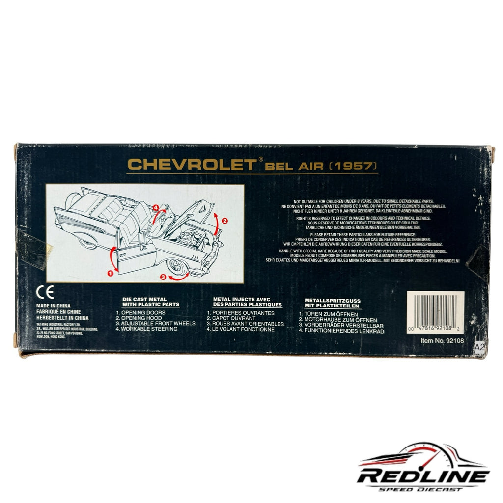 Redline Speed Diecast 1957 Chevrolet Bel Air model box showing technical features and diagrams in English and French