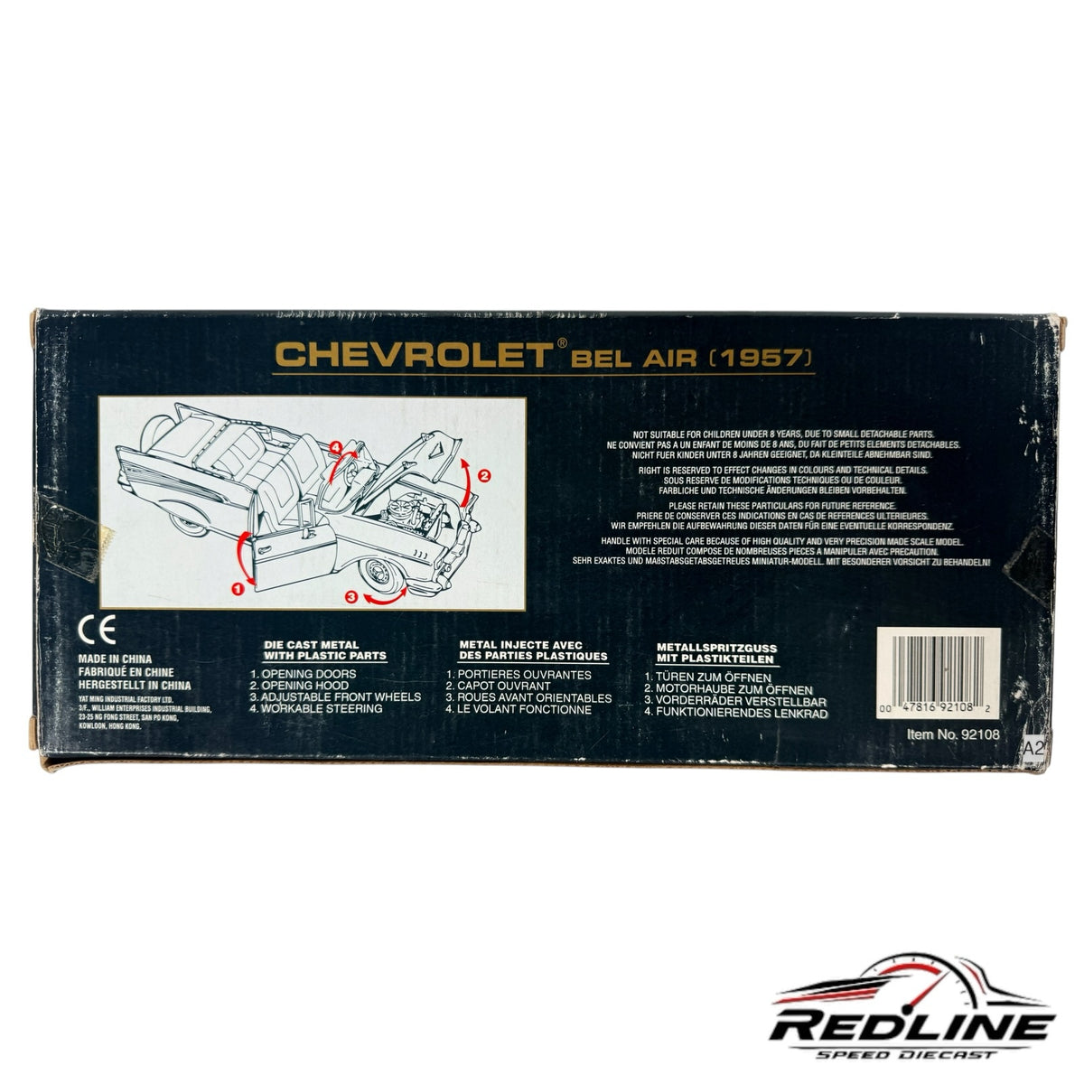 Redline Speed Diecast 1957 Chevrolet Bel Air model box showing technical features and diagrams in English and French