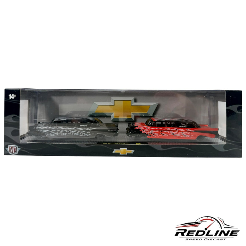 Redline Speed Diecast 1957 Chevrolet Bel Air two-car set in black and red with flame graphics in display packaging
