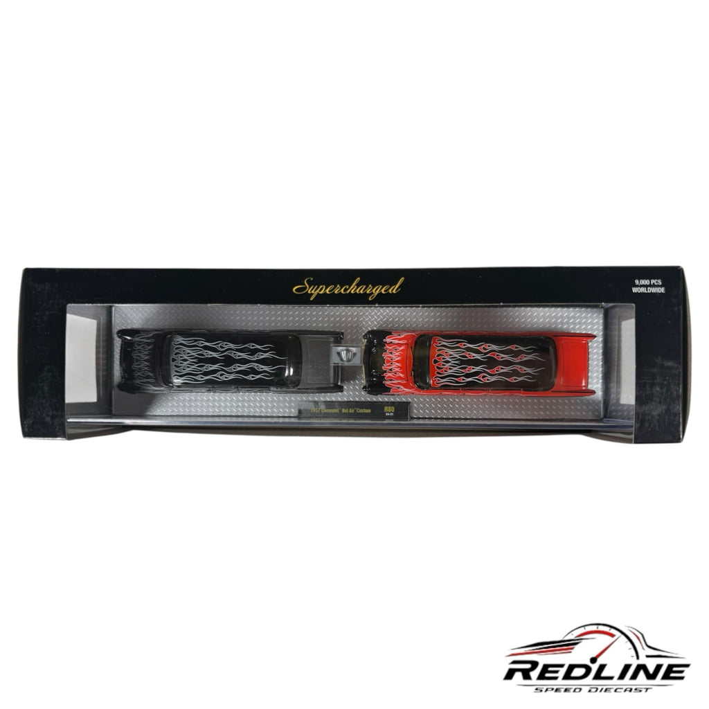 Redline Speed Diecast 1957 Chevrolet Bel Air custom two-car set in black and red with flame graphics in display box
