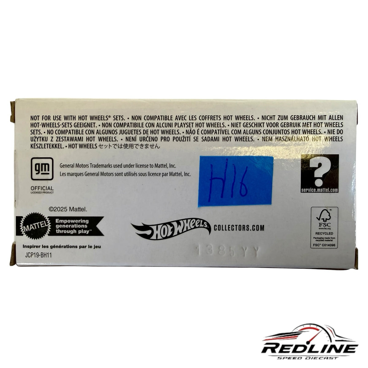 Redline Speed Diecast 1959 Chevrolet Brookwood packaging box back with official Mattel and GM branding information