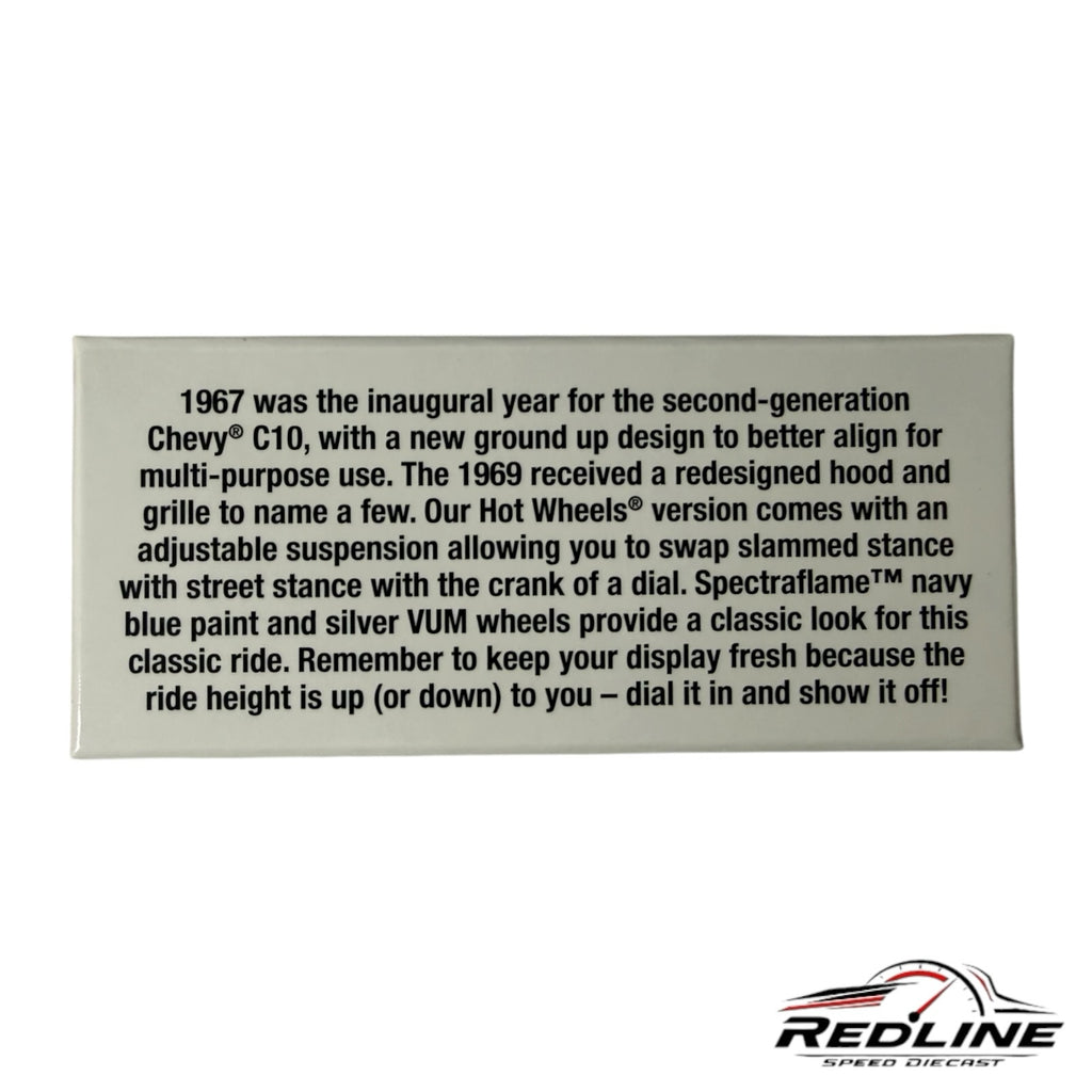 Redline Speed Diecast collector card featuring historical details of the Hot Wheels Chevrolet C10 pickup truck model