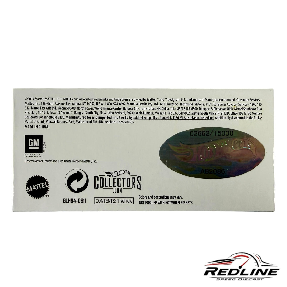 Redline Speed Diecast packaging back label for Hot Wheels Collectors Chevrolet C-10 pickup truck with hologram sticker
