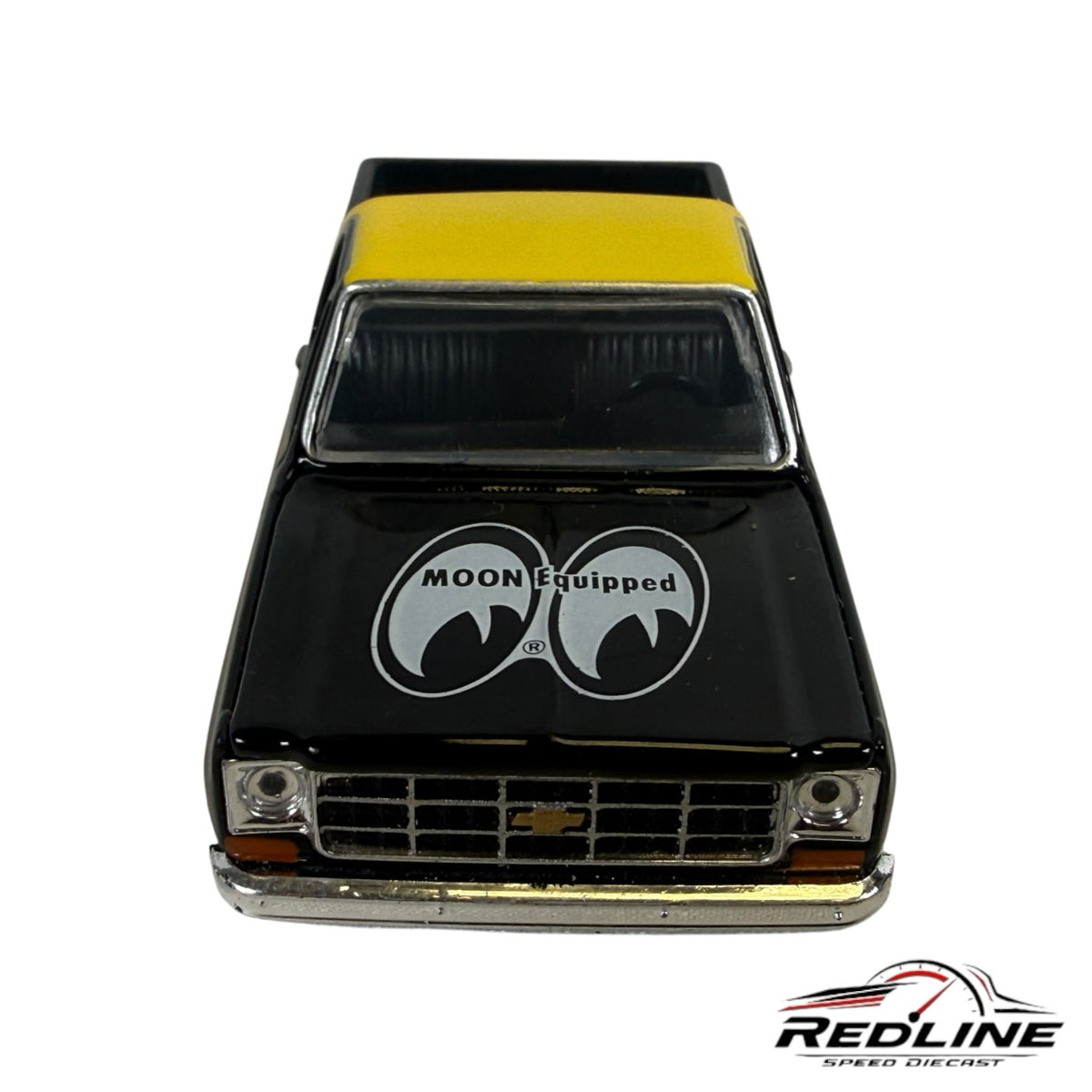 Redline Speed Diecast 1974 Chevrolet C10 pickup model in black and yellow with MOON Equipped hood logo, front view.