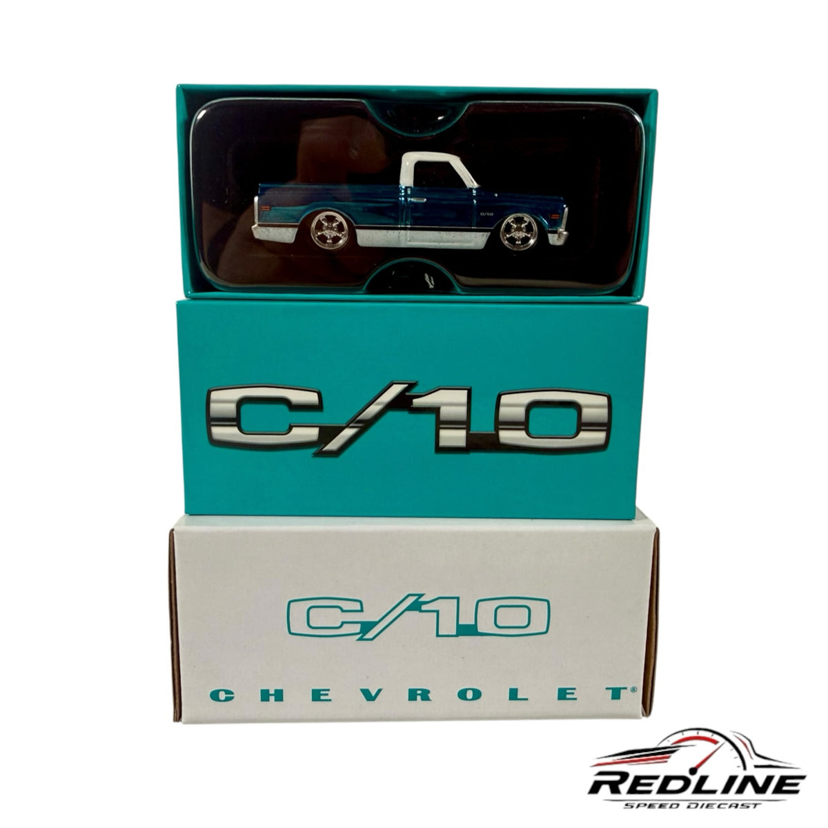 Redline Speed Diecast Hot Wheels 1969 Chevrolet C-10 pickup truck in aqua and white with chrome wheels in packaging.