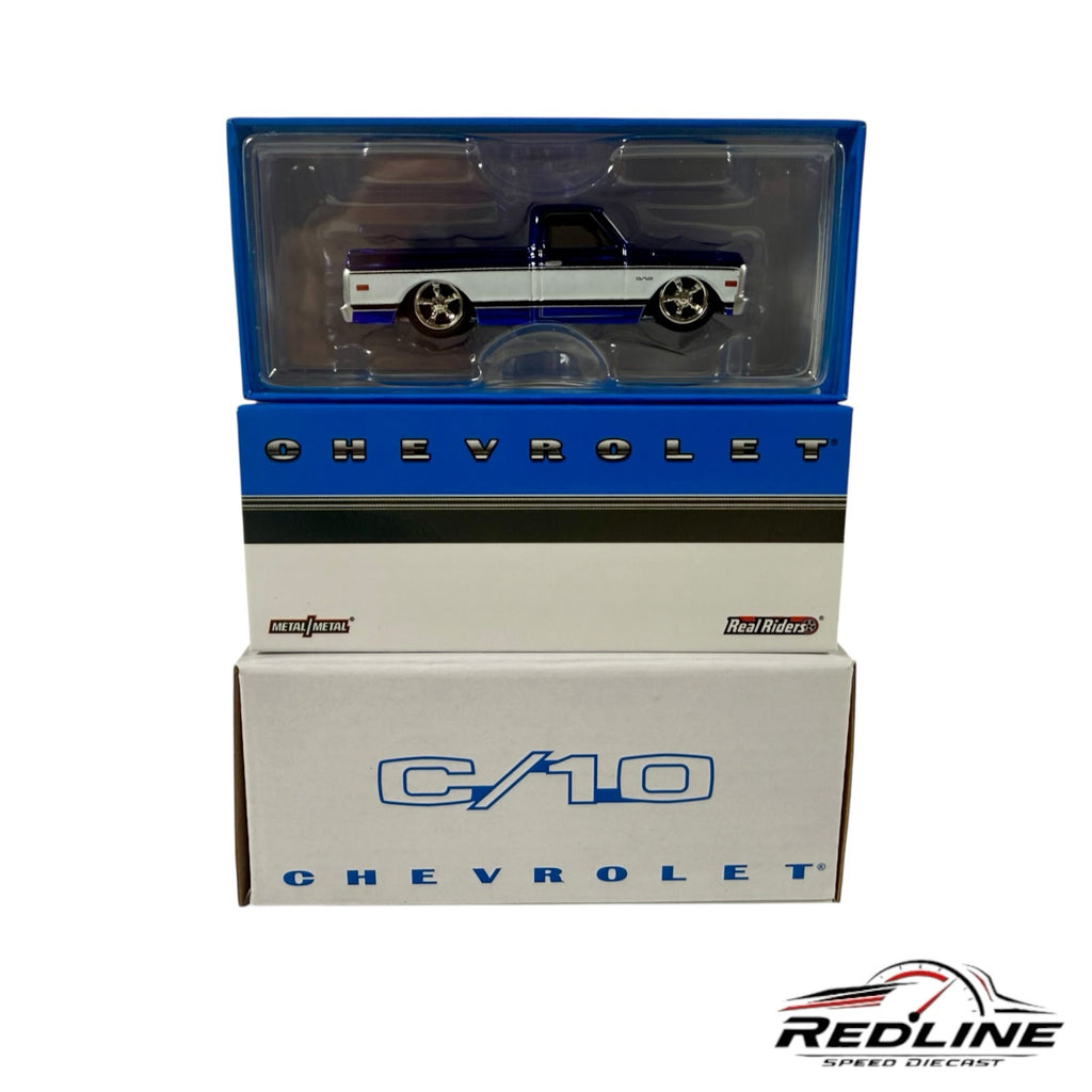 Redline Speed Diecast Chevrolet C10 pickup truck model in navy blue with silver wheels in collector packaging