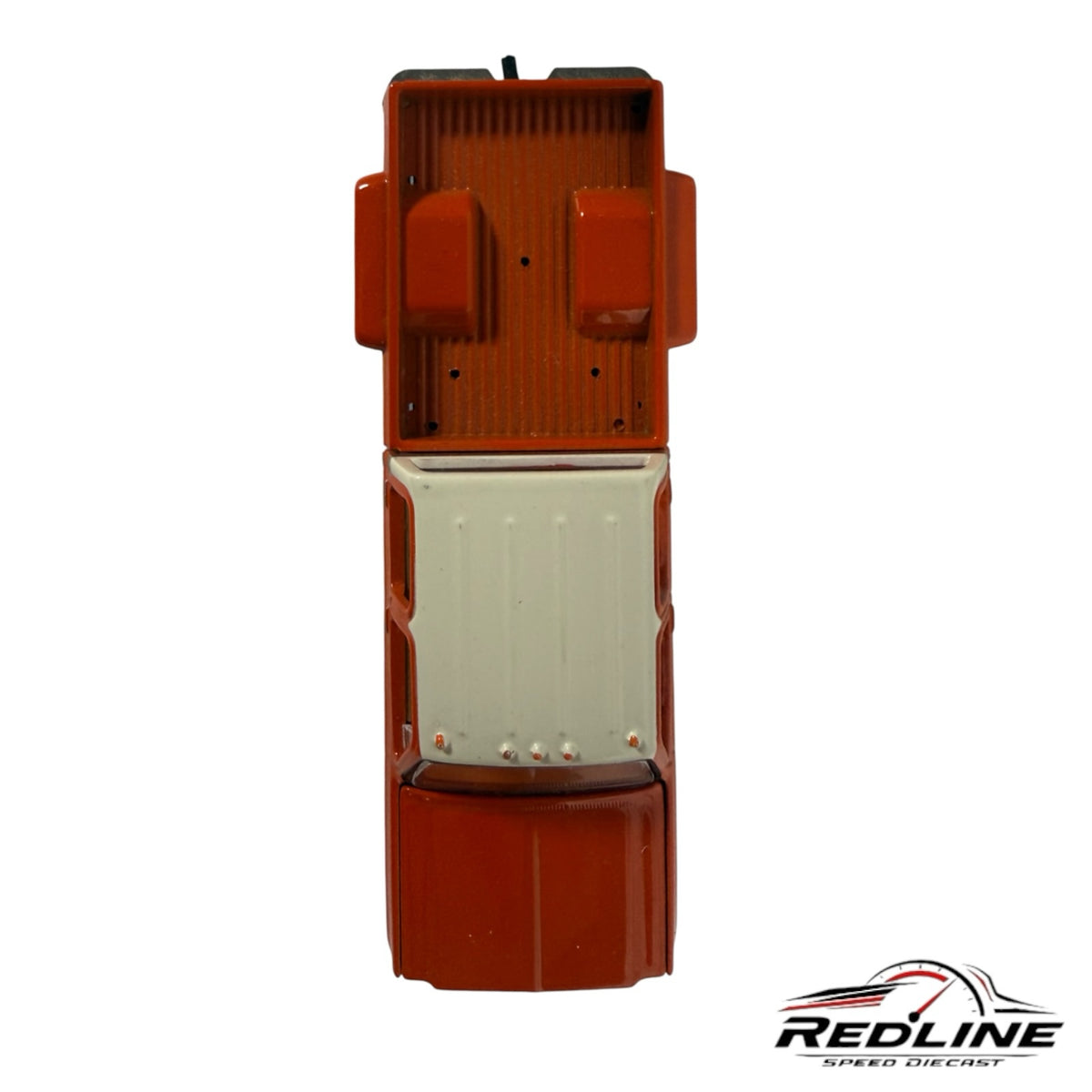 Redline Speed Diecast 1977 Chevrolet C30 dually pickup truck model in orange and white, top-down view.
