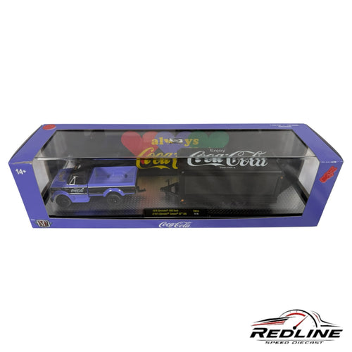 Redline Speed Diecast 1:64 scale 1970 Chevrolet C60 truck and trailer set in blue and black with Coca-Cola branding.