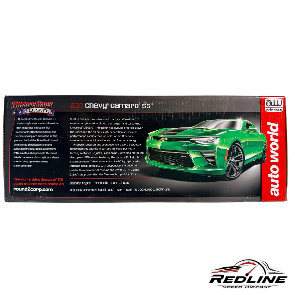 Redline Speed Diecast packaging for an Auto World 2017 Chevrolet Camaro SS diecast model in Krypton Green