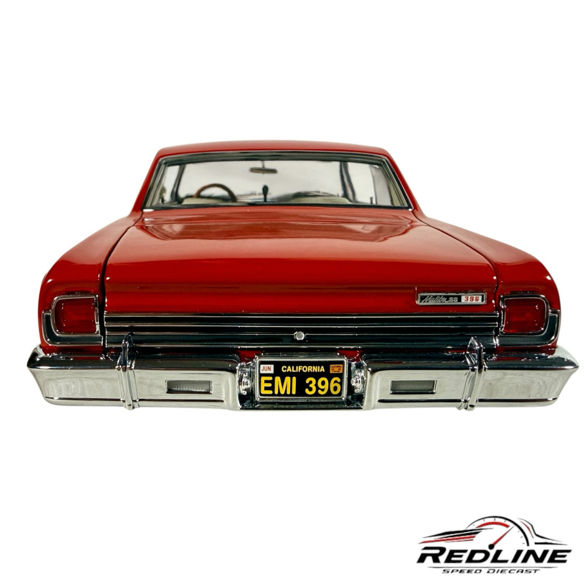 Redline Speed Diecast 1:18 scale 1965 Chevrolet Chevelle Malibu SS model car in red, rear view with chrome bumper.