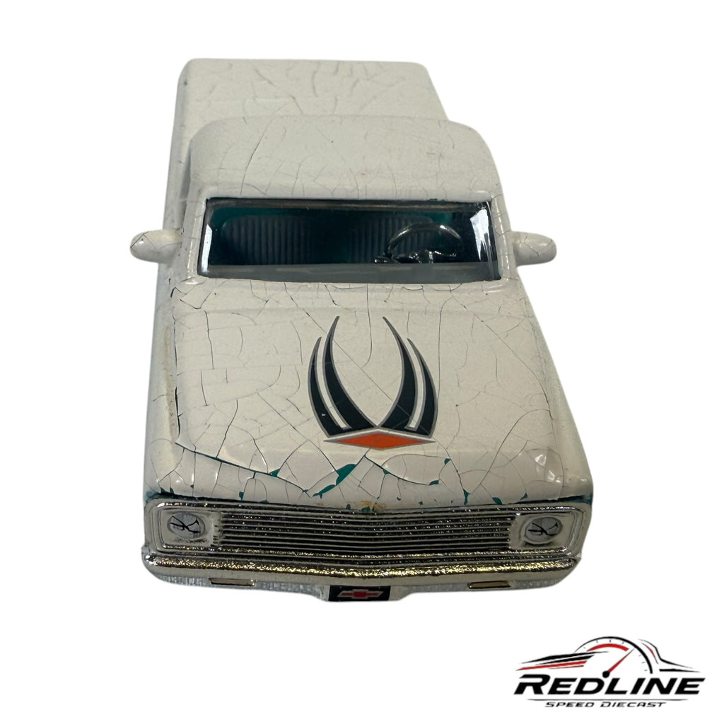 Redline Speed Diecast 1972 Chevrolet Cheyenne pickup model with a white distressed crackle finish and hood graphic.
