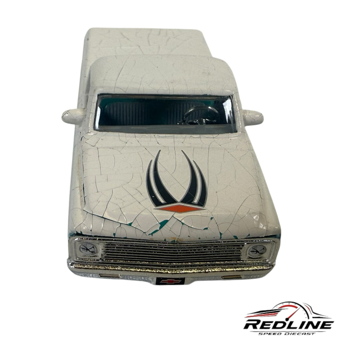 Redline Speed Diecast 1972 Chevrolet Cheyenne pickup model with a white distressed crackle finish and hood graphic.