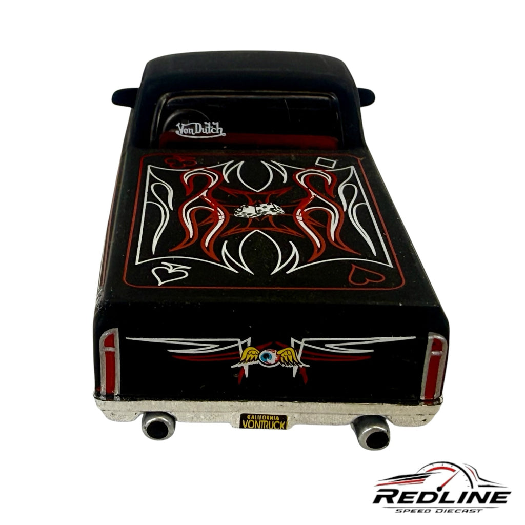 Redline Speed Diecast 1:64 scale matte black 1972 Chevrolet Cheyenne pickup with red pinstriping and Von Dutch logo
