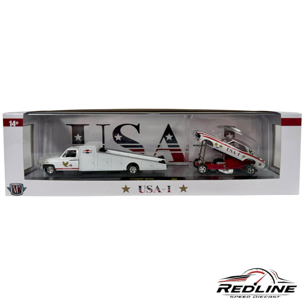 Redline Speed Diecast M2 Machines 1973 Chevrolet C30 hauler and 1969 USA-1 Camaro Funny Car set in window box