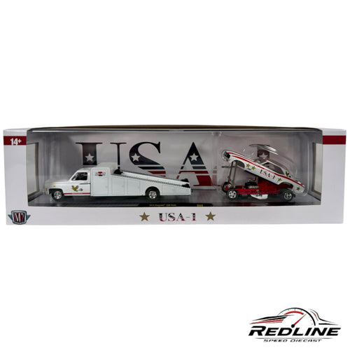 Redline Speed Diecast M2 Machines 1973 Chevrolet C30 hauler and 1969 USA-1 Camaro Funny Car set in window box