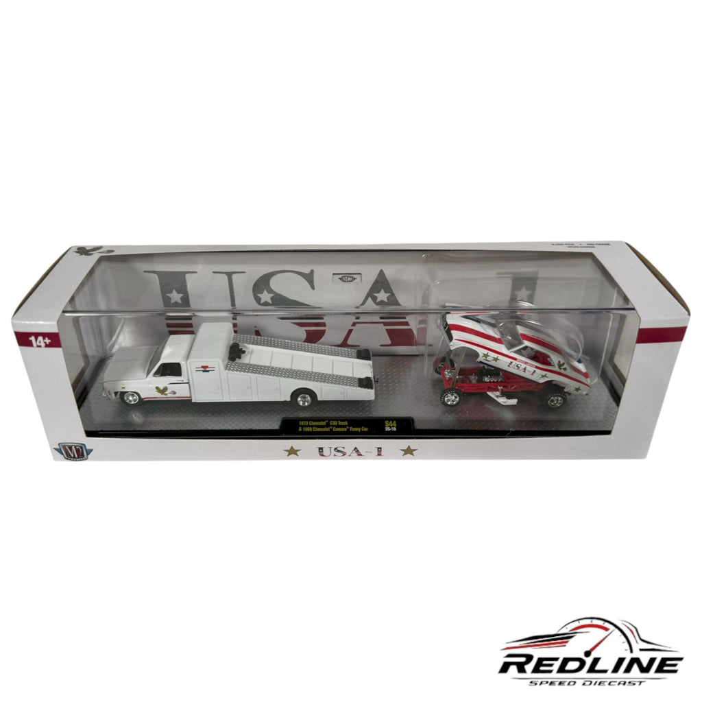 Redline Speed Diecast M2 Machines 1973 Chevrolet C30 hauler and 1969 USA-1 Camaro Funny Car set in window box