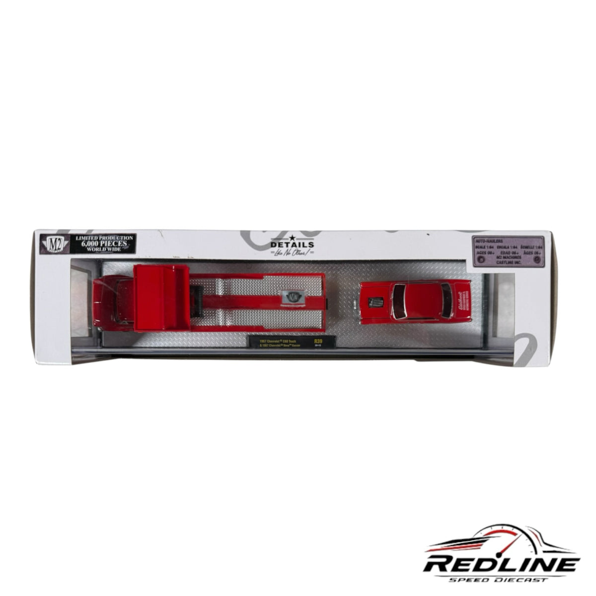 Redline Speed Diecast 1:64 scale 1957 Chevrolet C60 hauler and Bel Air Gasser set in iconic Edelbrock red livery.