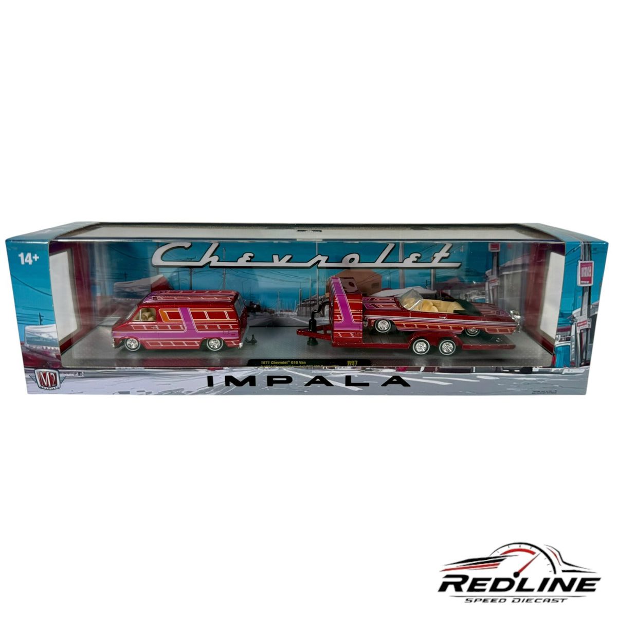Redline Speed Diecast M2 Machines 1971 Chevrolet G10 van and 1964 Impala SS convertible hauler set in deep red