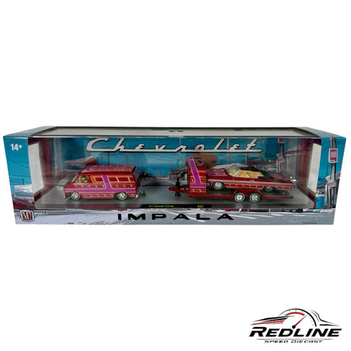 Redline Speed Diecast M2 Machines 1971 Chevrolet G10 van and 1964 Impala SS convertible hauler set in deep red