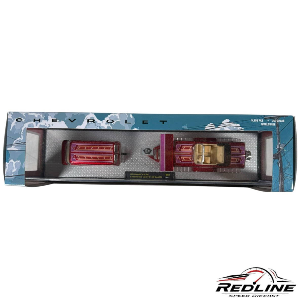 Redline Speed Diecast 1971 Chevrolet G10 van and 1964 Impala SS convertible hauler set in deep red with pinstripes
