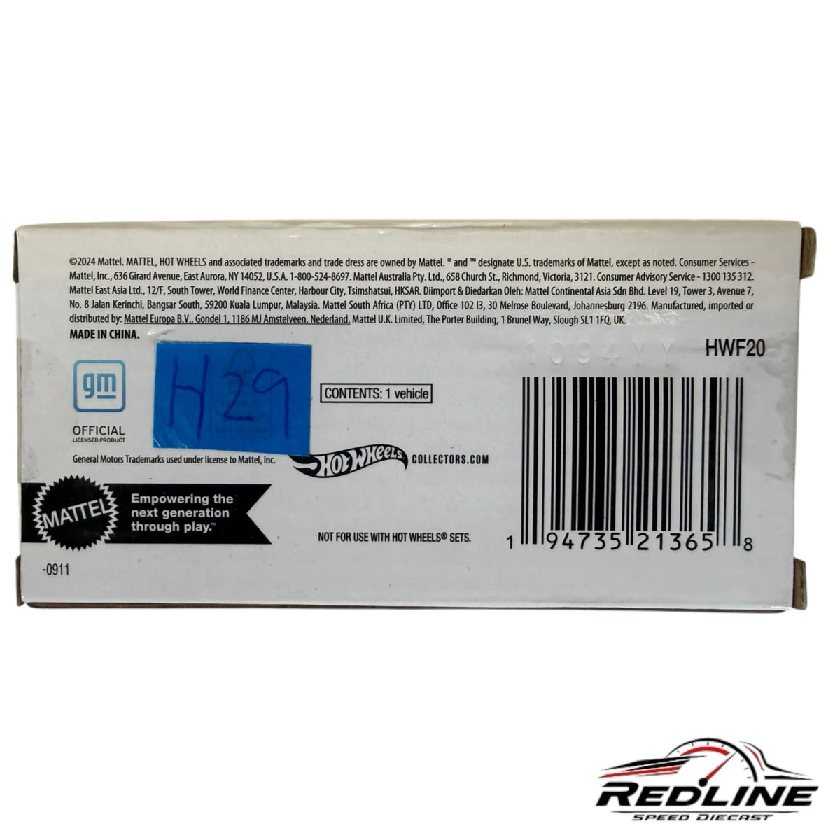 Redline Speed Diecast Hot Wheels 1964 Chevrolet Impala collector edition packaging back view with barcode and branding