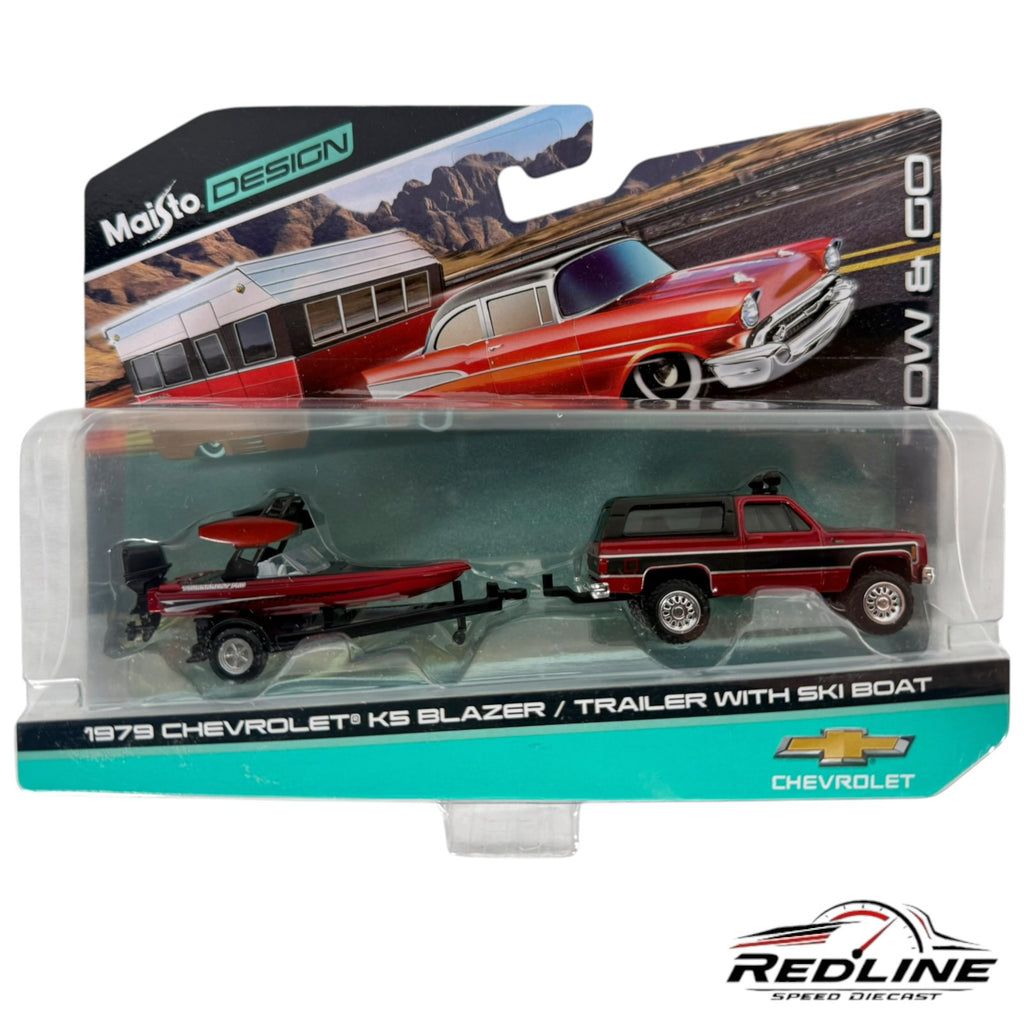 Redline Speed Diecast 1979 Chevrolet K5 Blazer with matching red ski boat and trailer in original blister packaging.