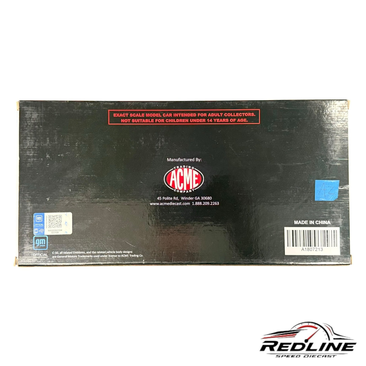 Redline Speed Diecast packaging box for a 1972 Chevrolet K-10 model featuring ACME Trading Company branding